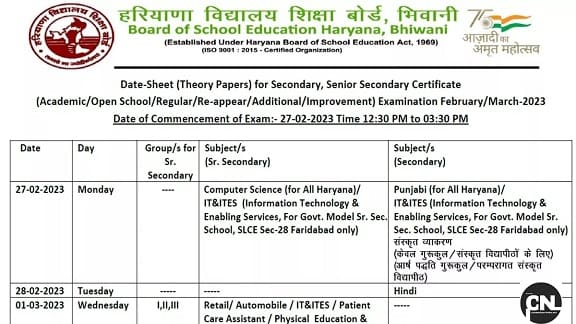 HBSE Date Sheet 2025